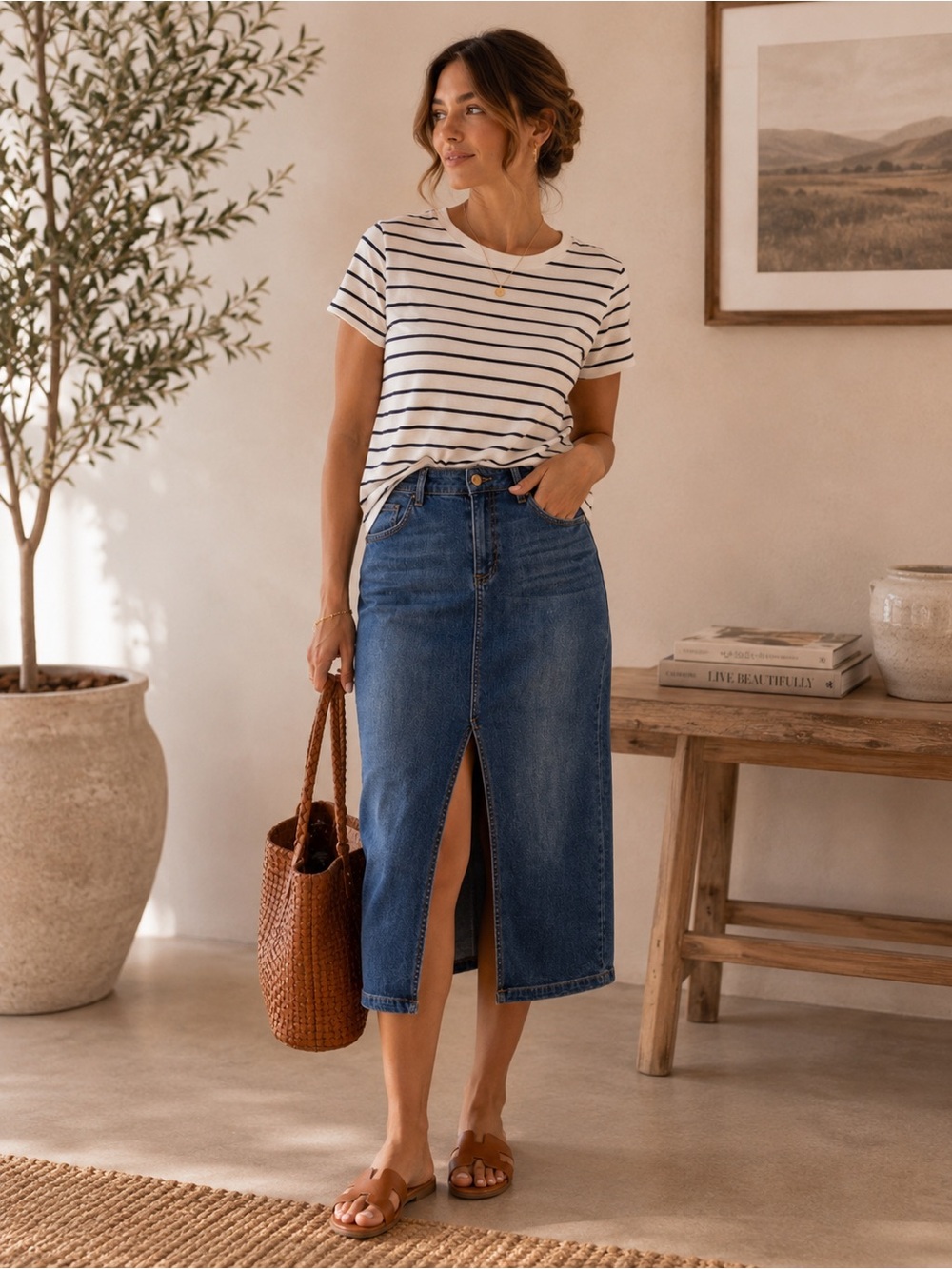 Wash Lab Denim Midi Skirt Size 32 Front Slit High Rise Blue Jean Skirt Western